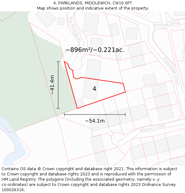 4, PARKLANDS, MIDDLEWICH, CW10 0PT: Plot and title map