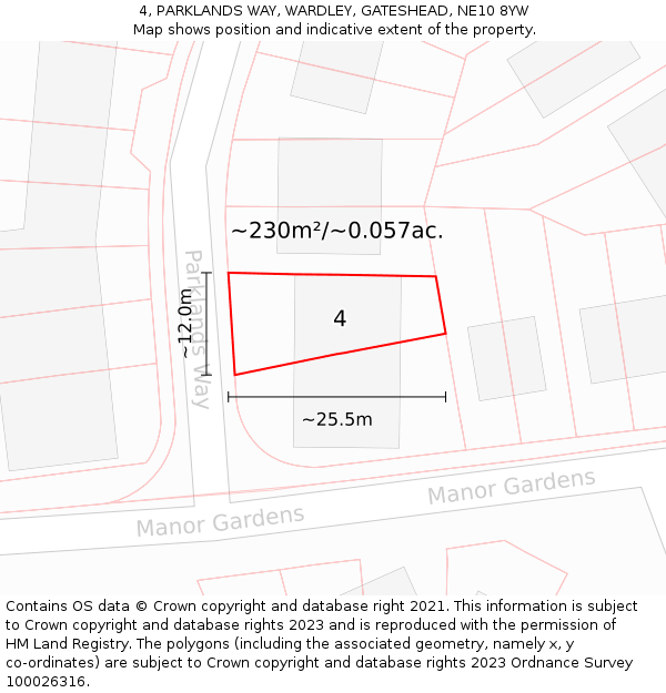 4, PARKLANDS WAY, WARDLEY, GATESHEAD, NE10 8YW: Plot and title map