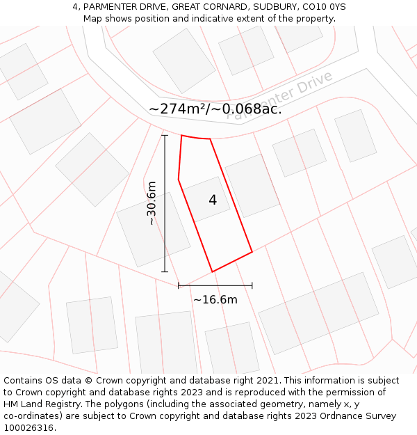 4, PARMENTER DRIVE, GREAT CORNARD, SUDBURY, CO10 0YS: Plot and title map