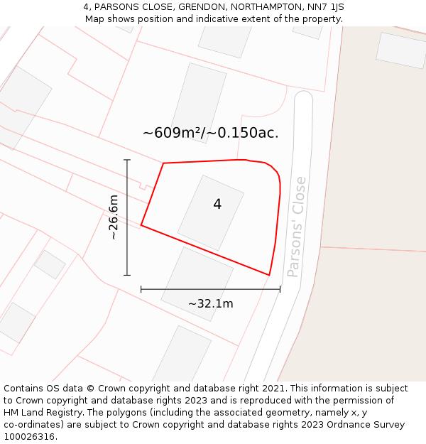 4, PARSONS CLOSE, GRENDON, NORTHAMPTON, NN7 1JS: Plot and title map
