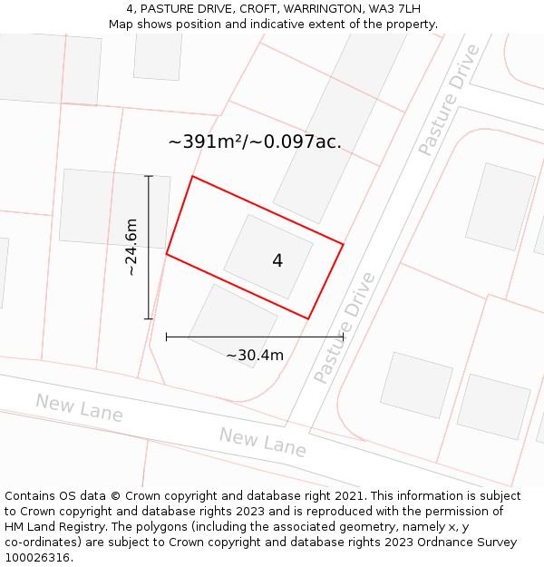 4, PASTURE DRIVE, CROFT, WARRINGTON, WA3 7LH: Plot and title map