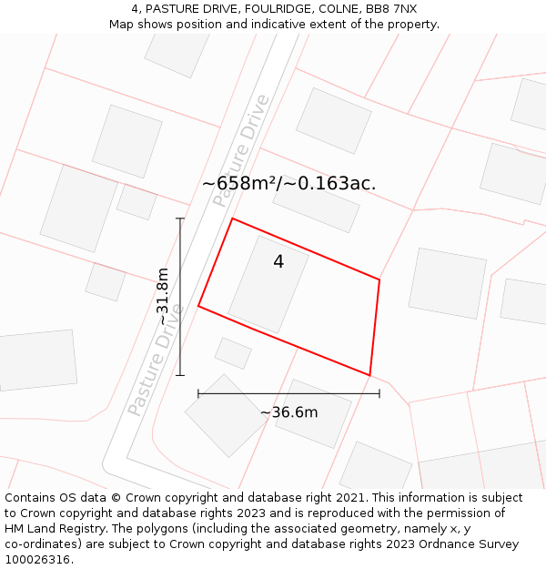 4, PASTURE DRIVE, FOULRIDGE, COLNE, BB8 7NX: Plot and title map