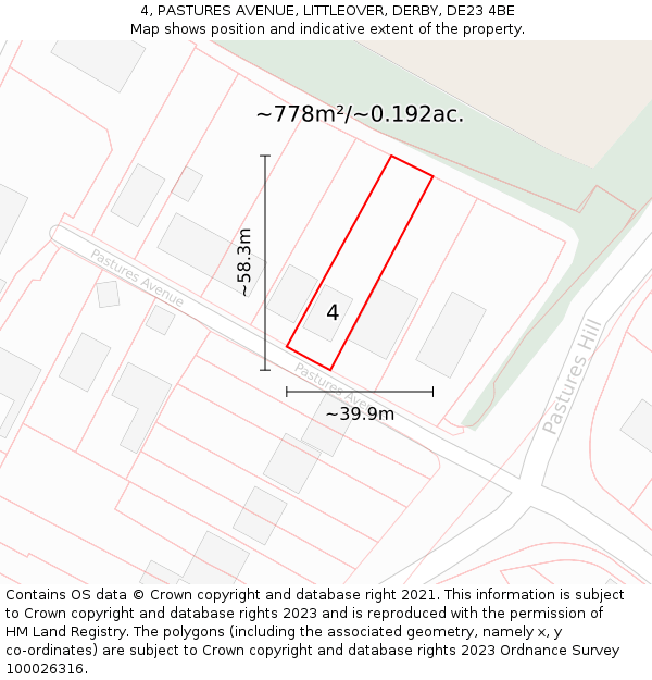 4, PASTURES AVENUE, LITTLEOVER, DERBY, DE23 4BE: Plot and title map