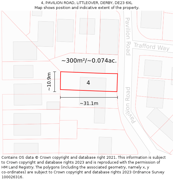4, PAVILION ROAD, LITTLEOVER, DERBY, DE23 6XL: Plot and title map