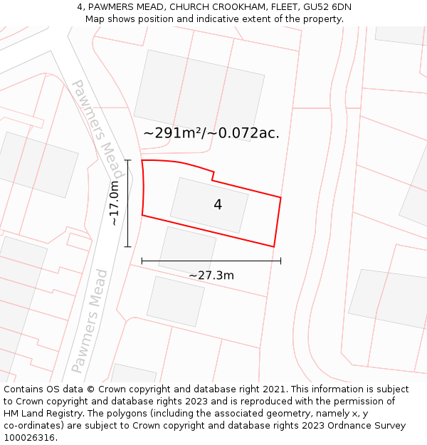 4, PAWMERS MEAD, CHURCH CROOKHAM, FLEET, GU52 6DN: Plot and title map
