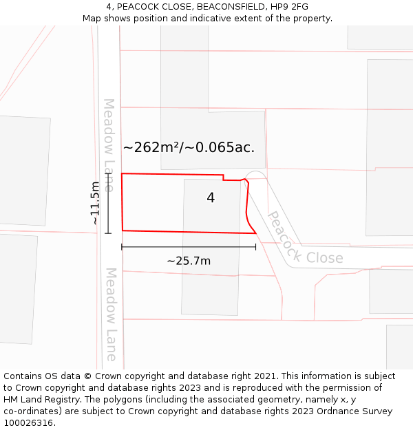 4, PEACOCK CLOSE, BEACONSFIELD, HP9 2FG: Plot and title map