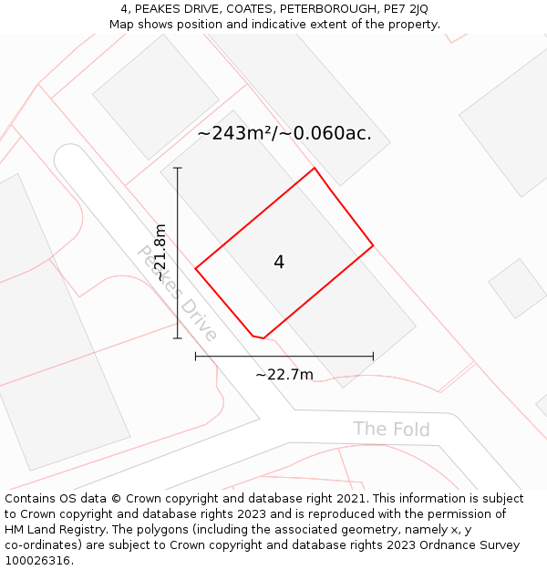 4, PEAKES DRIVE, COATES, PETERBOROUGH, PE7 2JQ: Plot and title map
