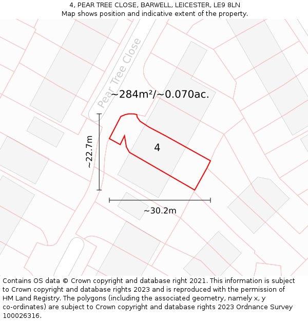 4, PEAR TREE CLOSE, BARWELL, LEICESTER, LE9 8LN: Plot and title map