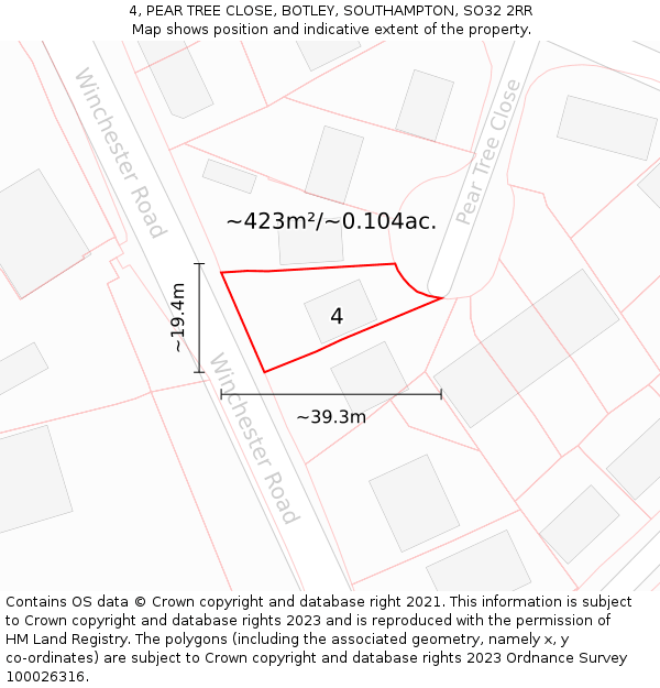 4, PEAR TREE CLOSE, BOTLEY, SOUTHAMPTON, SO32 2RR: Plot and title map