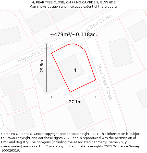 4, PEAR TREE CLOSE, CHIPPING CAMPDEN, GL55 6DB: Plot and title map