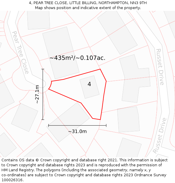 4, PEAR TREE CLOSE, LITTLE BILLING, NORTHAMPTON, NN3 9TH: Plot and title map