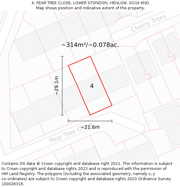 4, PEAR TREE CLOSE, LOWER STONDON, HENLOW, SG16 6ND: Plot and title map