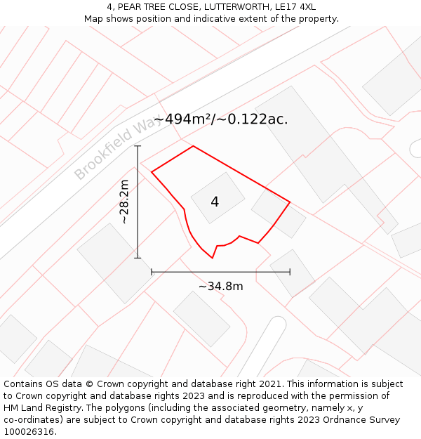 4, PEAR TREE CLOSE, LUTTERWORTH, LE17 4XL: Plot and title map