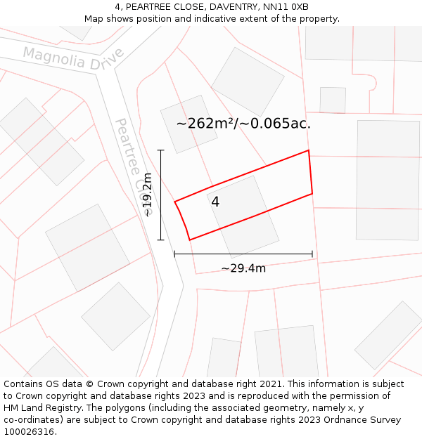 4, PEARTREE CLOSE, DAVENTRY, NN11 0XB: Plot and title map