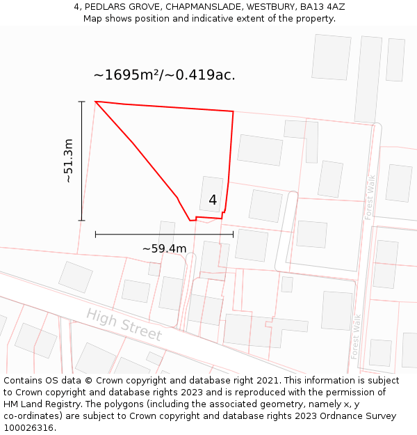 4, PEDLARS GROVE, CHAPMANSLADE, WESTBURY, BA13 4AZ: Plot and title map