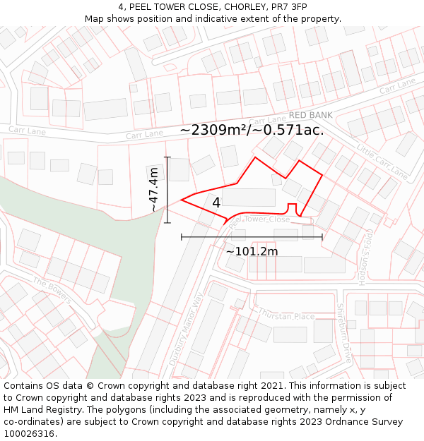 4, PEEL TOWER CLOSE, CHORLEY, PR7 3FP: Plot and title map
