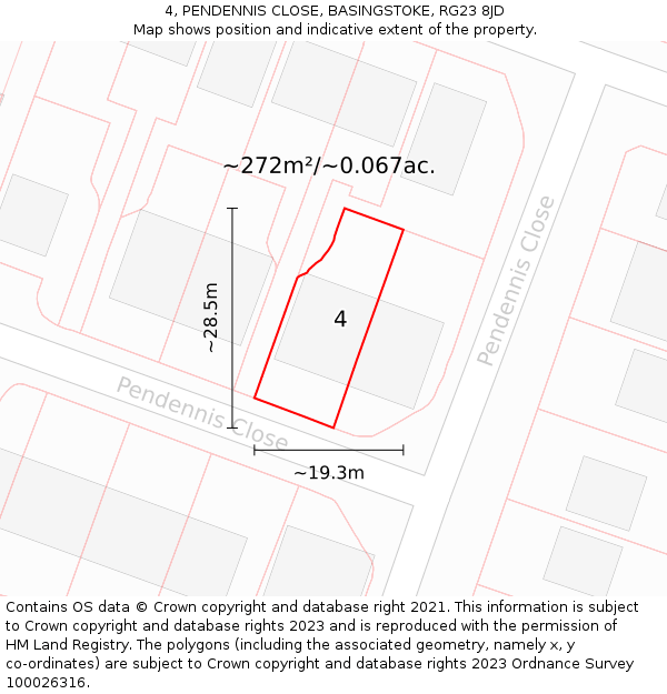 4, PENDENNIS CLOSE, BASINGSTOKE, RG23 8JD: Plot and title map