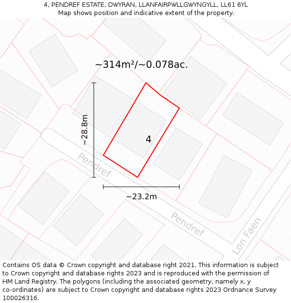 4, PENDREF ESTATE, DWYRAN, LLANFAIRPWLLGWYNGYLL, LL61 6YL: Plot and title map