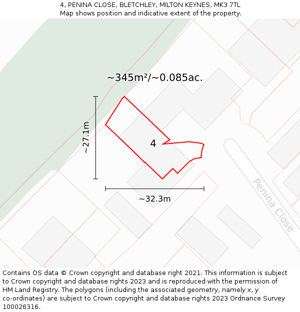 4, PENINA CLOSE, BLETCHLEY, MILTON KEYNES, MK3 7TL: Plot and title map