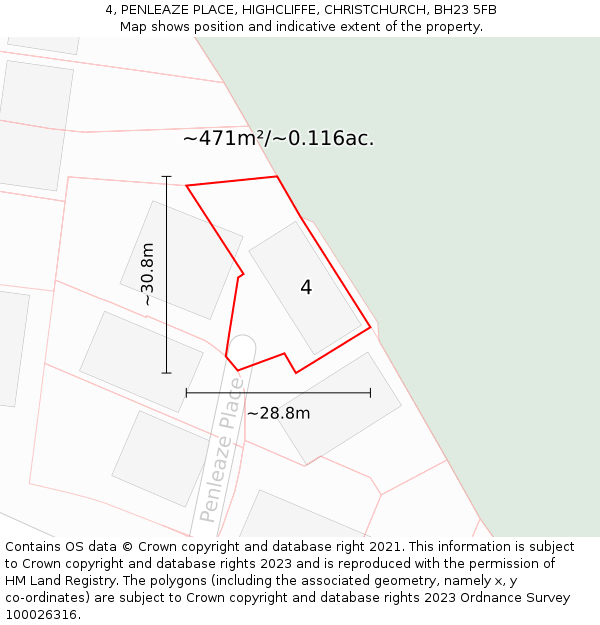 4, PENLEAZE PLACE, HIGHCLIFFE, CHRISTCHURCH, BH23 5FB: Plot and title map