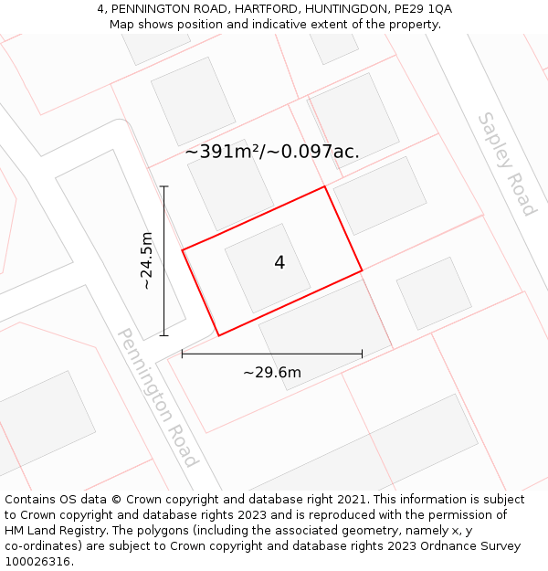 4, PENNINGTON ROAD, HARTFORD, HUNTINGDON, PE29 1QA: Plot and title map