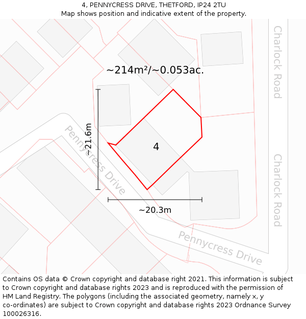 4, PENNYCRESS DRIVE, THETFORD, IP24 2TU: Plot and title map