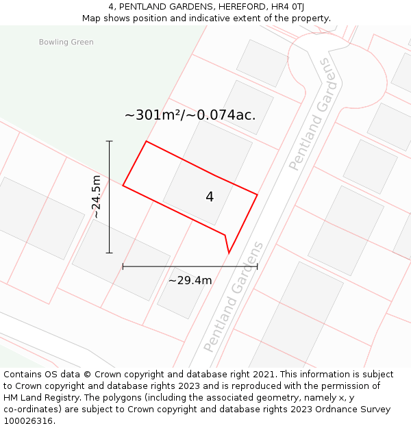 4, PENTLAND GARDENS, HEREFORD, HR4 0TJ: Plot and title map