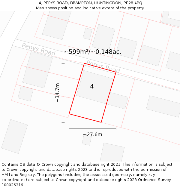4, PEPYS ROAD, BRAMPTON, HUNTINGDON, PE28 4PQ: Plot and title map