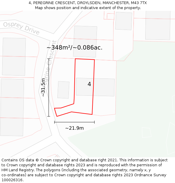 4, PEREGRINE CRESCENT, DROYLSDEN, MANCHESTER, M43 7TX: Plot and title map