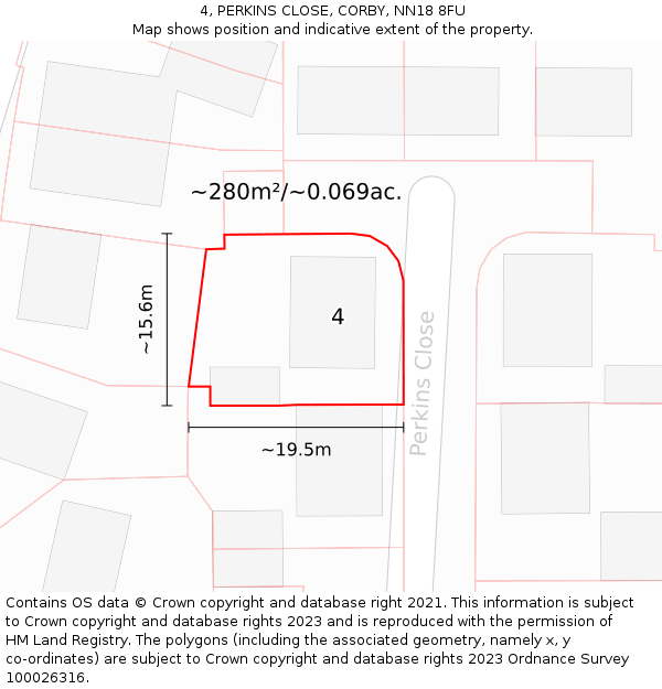 4, PERKINS CLOSE, CORBY, NN18 8FU: Plot and title map