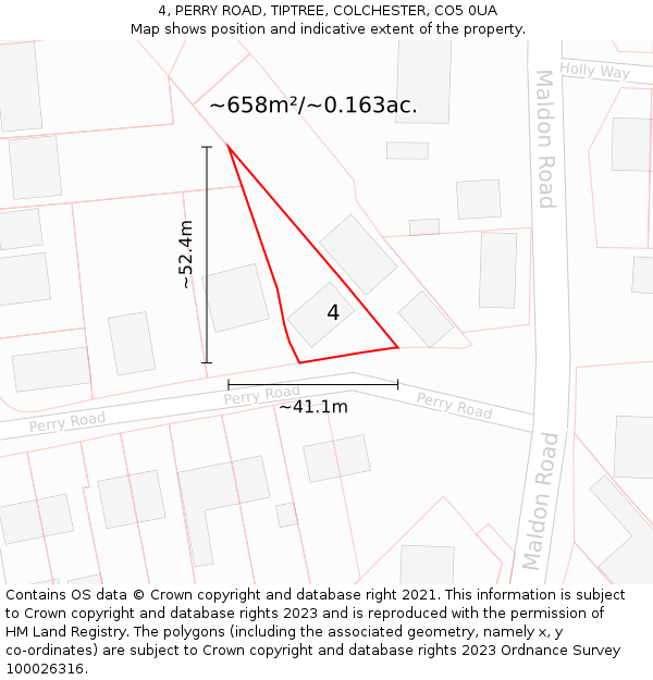 4, PERRY ROAD, TIPTREE, COLCHESTER, CO5 0UA: Plot and title map