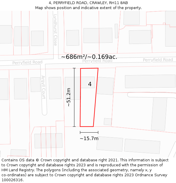 4, PERRYFIELD ROAD, CRAWLEY, RH11 8AB: Plot and title map
