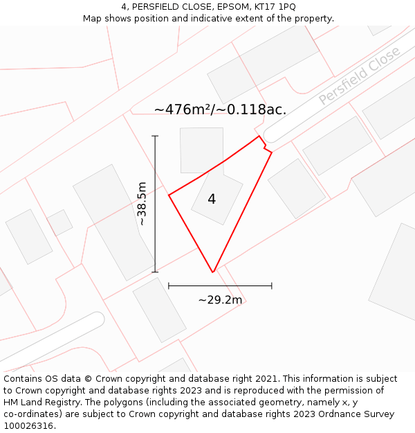 4, PERSFIELD CLOSE, EPSOM, KT17 1PQ: Plot and title map