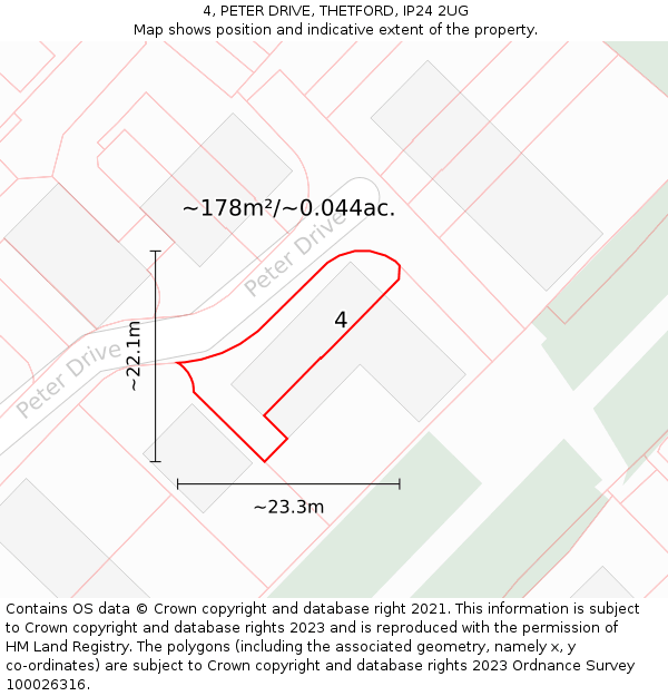 4, PETER DRIVE, THETFORD, IP24 2UG: Plot and title map