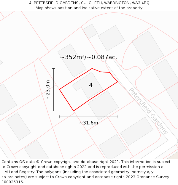 4, PETERSFIELD GARDENS, CULCHETH, WARRINGTON, WA3 4BQ: Plot and title map