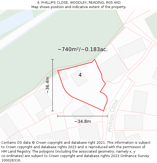 4, PHILLIPS CLOSE, WOODLEY, READING, RG5 4XD: Plot and title map