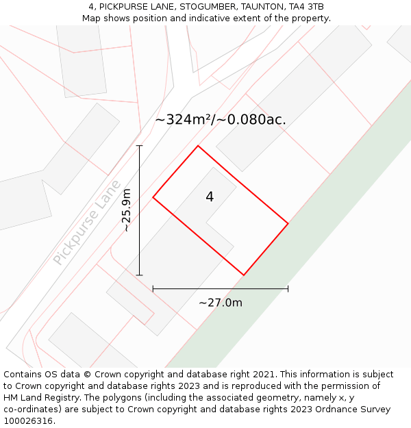 4, PICKPURSE LANE, STOGUMBER, TAUNTON, TA4 3TB: Plot and title map