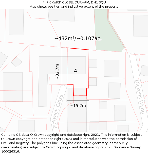 4, PICKWICK CLOSE, DURHAM, DH1 3QU: Plot and title map
