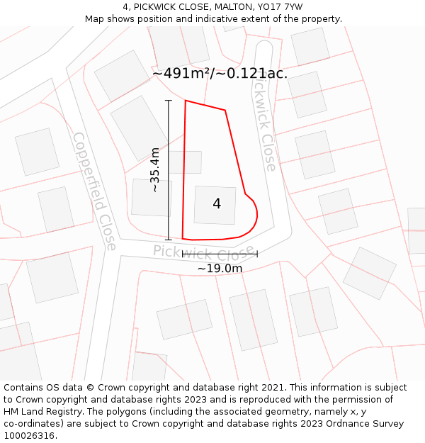 4, PICKWICK CLOSE, MALTON, YO17 7YW: Plot and title map