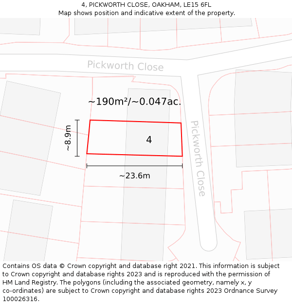 4, PICKWORTH CLOSE, OAKHAM, LE15 6FL: Plot and title map