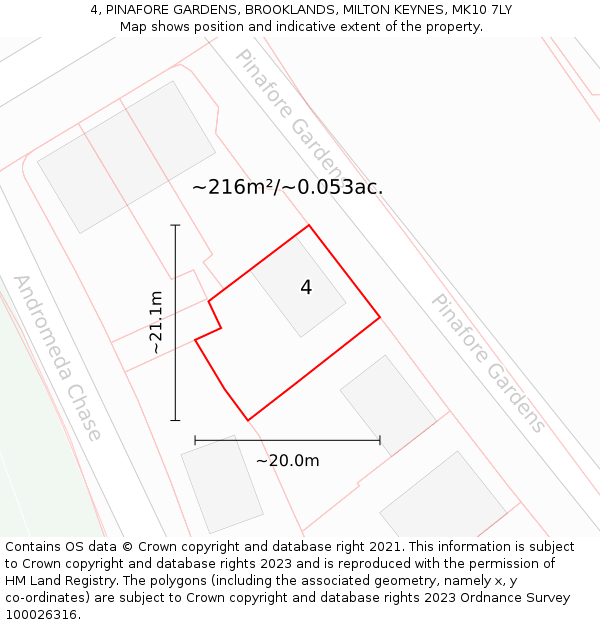 4, PINAFORE GARDENS, BROOKLANDS, MILTON KEYNES, MK10 7LY: Plot and title map