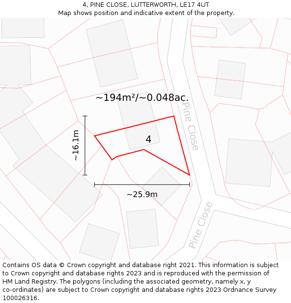 4, PINE CLOSE, LUTTERWORTH, LE17 4UT: Plot and title map