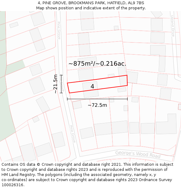 4, PINE GROVE, BROOKMANS PARK, HATFIELD, AL9 7BS: Plot and title map