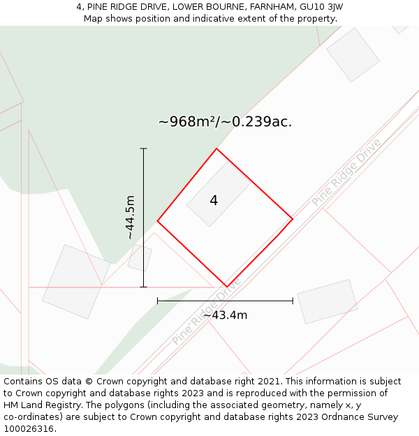 4, PINE RIDGE DRIVE, LOWER BOURNE, FARNHAM, GU10 3JW: Plot and title map