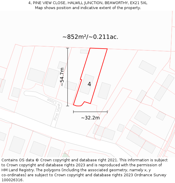 4, PINE VIEW CLOSE, HALWILL JUNCTION, BEAWORTHY, EX21 5XL: Plot and title map
