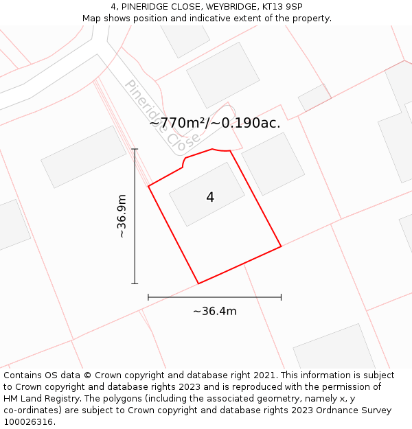 4, PINERIDGE CLOSE, WEYBRIDGE, KT13 9SP: Plot and title map