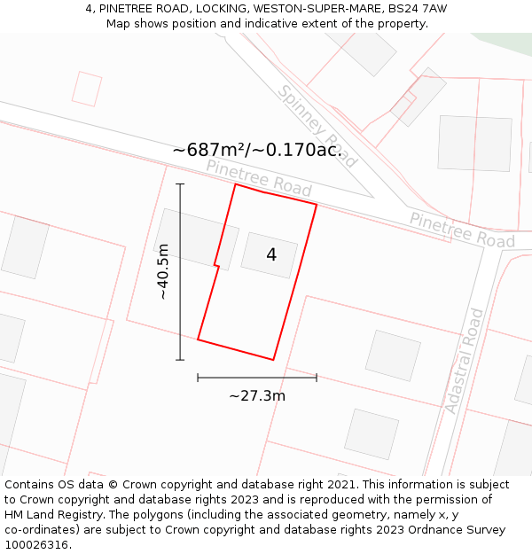 4, PINETREE ROAD, LOCKING, WESTON-SUPER-MARE, BS24 7AW: Plot and title map
