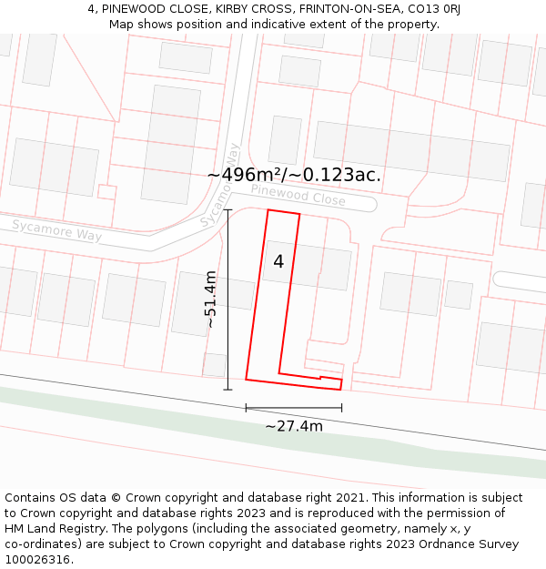 4, PINEWOOD CLOSE, KIRBY CROSS, FRINTON-ON-SEA, CO13 0RJ: Plot and title map