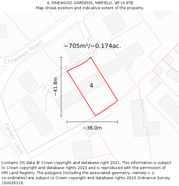 4, PINEWOOD GARDENS, MIRFIELD, WF14 9TB: Plot and title map