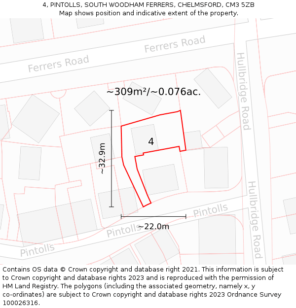 4, PINTOLLS, SOUTH WOODHAM FERRERS, CHELMSFORD, CM3 5ZB: Plot and title map